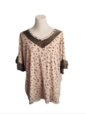 Vintage Perfect Peach Bronze Metallic Leopard Print Ruffled Blouse Size XL